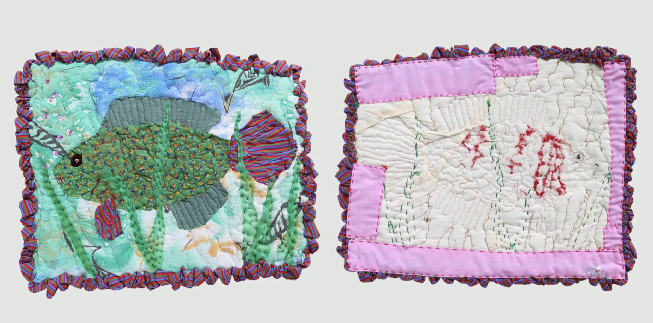 two quilts side by side on white background showing colorful images using textile